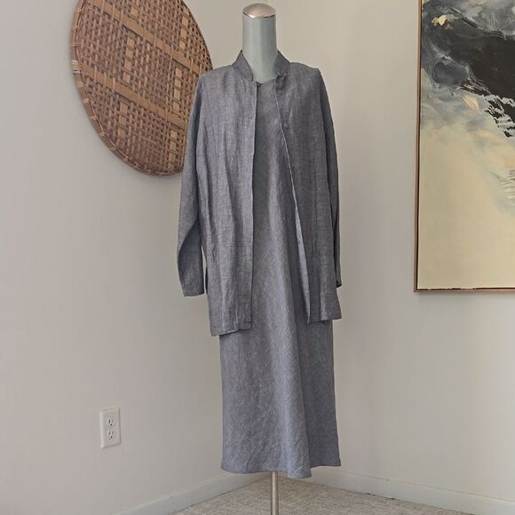 Elleen Fisher | Linen Gray Dress and Jacket Set - Picture 1 of 10